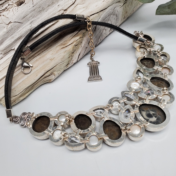 Natural Ocean Fossil Jewelry Designer Necklace Silver Leather Genuine Stone - Picture 5 of 14